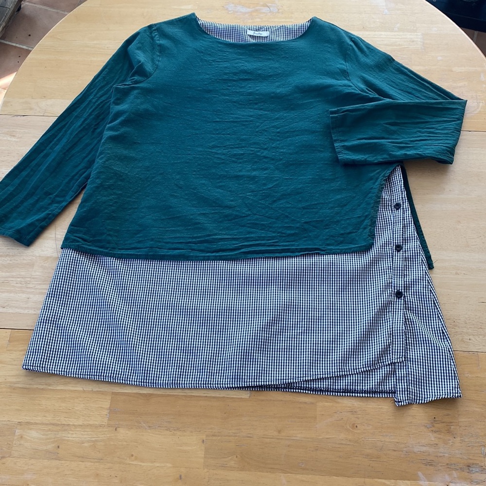 YUZAO. 3XL. 100% Cotton tunic w 3/4sleeve, top layer green/white/black w/buttons